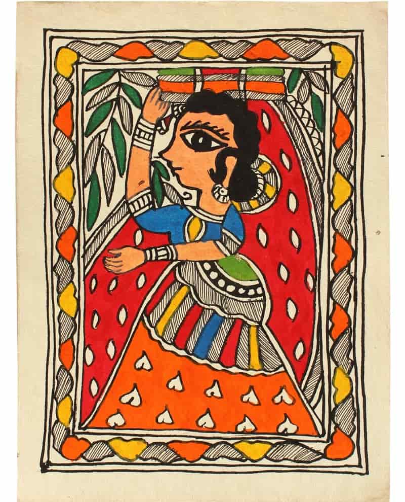 Indian Lady In Traditional Wear  Madhubani Painting